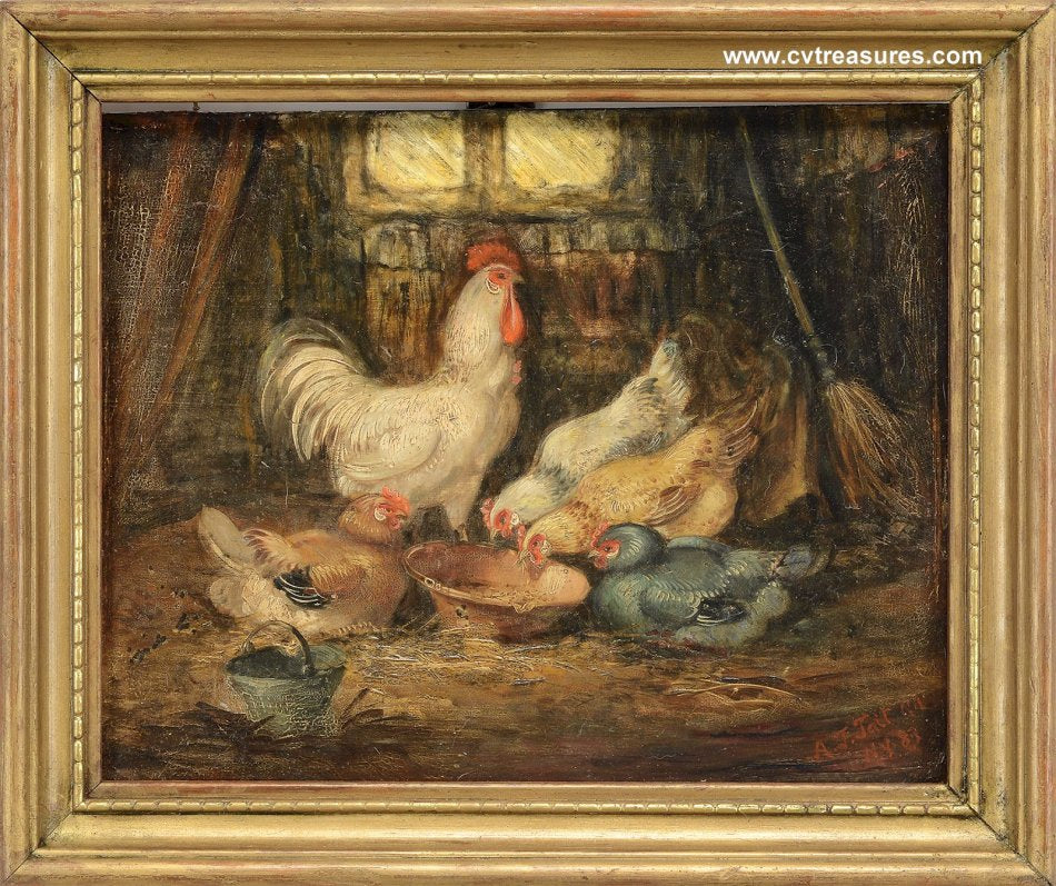 ARTHUR FITZWILLIAM TAIT Vintage Fine Art Barn Animal Painting ROOSTER AND CHICKENS IN BARN INTERIOR