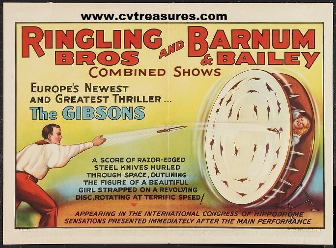 Circus Poster Ringling Brothers RARE Gibsons knife throwers 40s