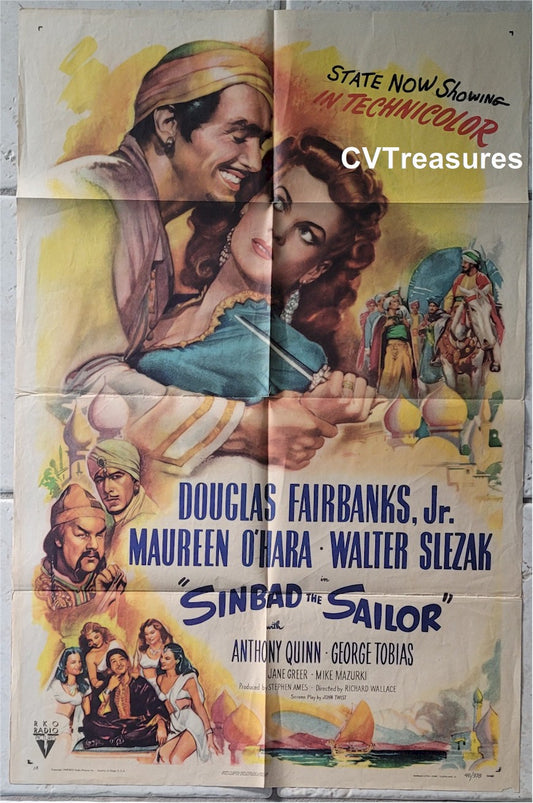 Sinbad the Sailor Original Authentic Vintage One SHeet Movie Theater Poster Douglas Fairbanks Jr. Maureen O'Hara