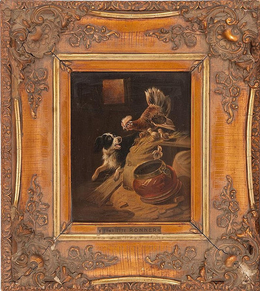 HENRIETTE RONNER Painitng oil panel hen protecting her chicks