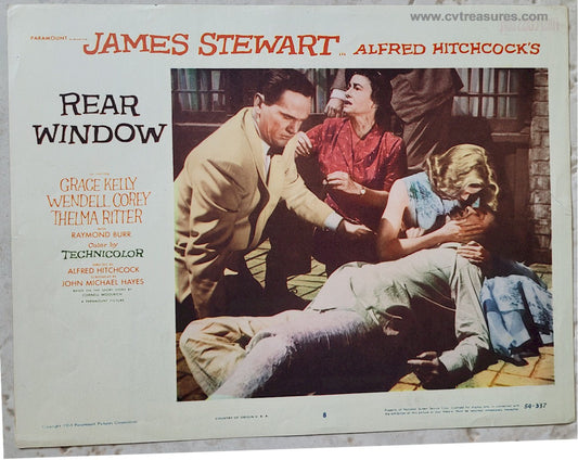 Rear Window Hitchcock Original Authentic Vintage Lobby Card movie theater poster - James Stewart fall scene