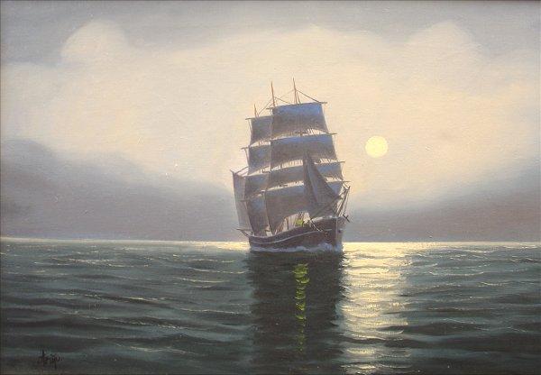 JENSEN: MOONLIGHT SAILING Art Oil Painting