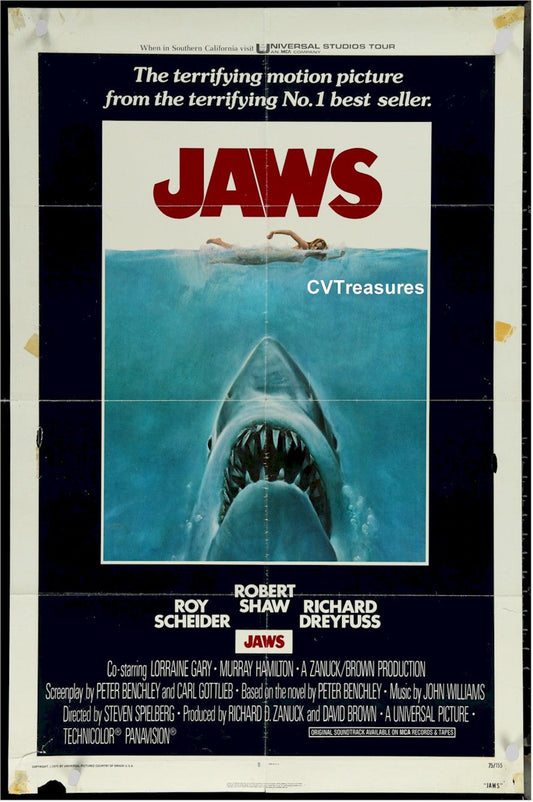 Jaws Poster 1975 Original Authentic Vintage Movie Poster One Sheet Linen Backed