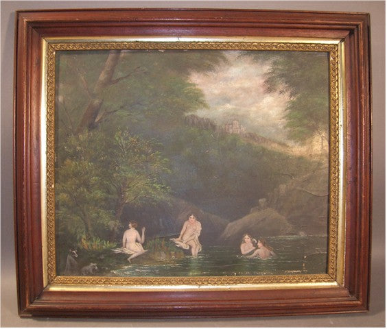 Maiden Nudes Bathing 19th Century Oil Painting on panel