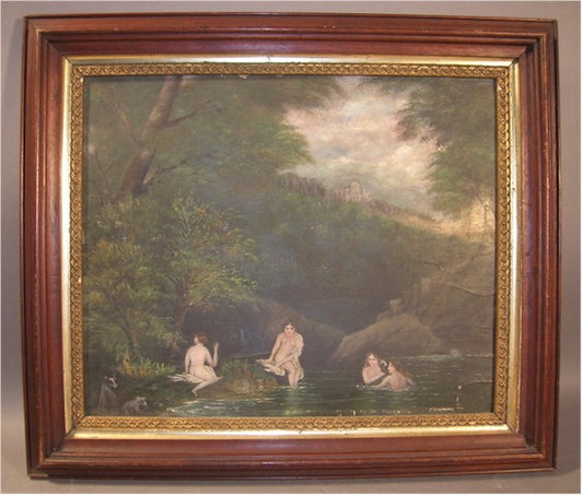 Maiden Nudes Bathing 19th Century Oil Painting on panel