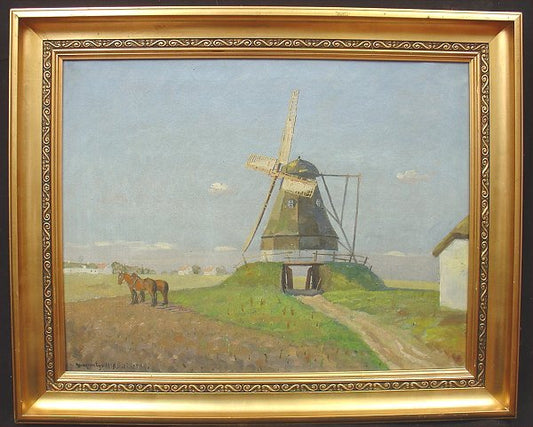 Mognes Ege "Windmill and Horses" Oil Painting 1918