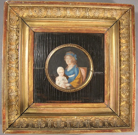 Mother & Child 18th Century Miniature Oil Painting