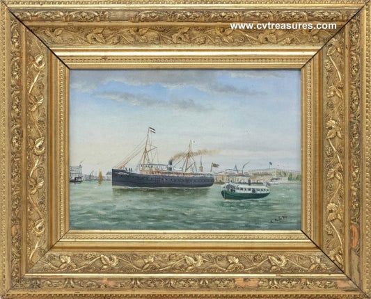 Nautical Art Marine Seascape Oil Painting Steamship & Yacht 1896