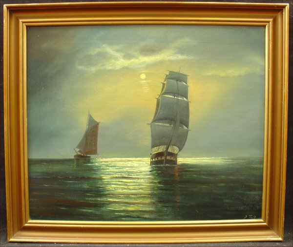 P. Toft "Ships on Moonlit Ocean" Oil Painting Early-20th Century