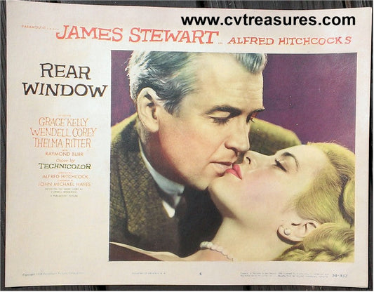 Rear Window Hitchcock Original Authentic Vintage Lobby Card movie theater poster - James Stewart Grace Kelly Love scene