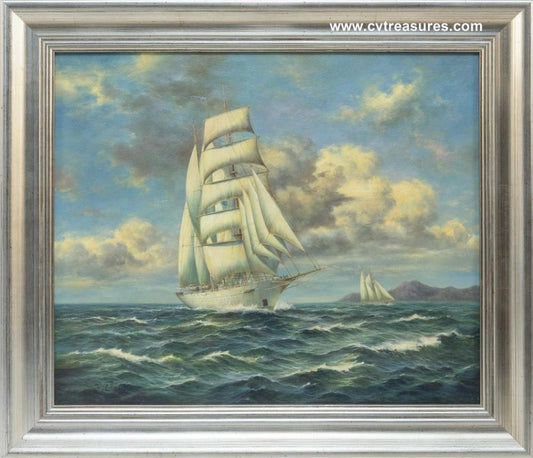 Stunning Seascape Schooner Sail Boat Oil Canvas Painting J Clark