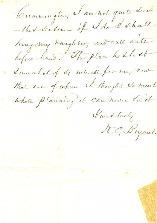 William Cullen Bryant Handwritten Autographed Letter 1866