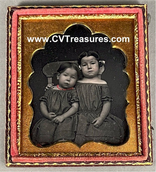 Daguerreotype 1/6 plate Two cute young sisters in matching dresses Pre Civil War Photo