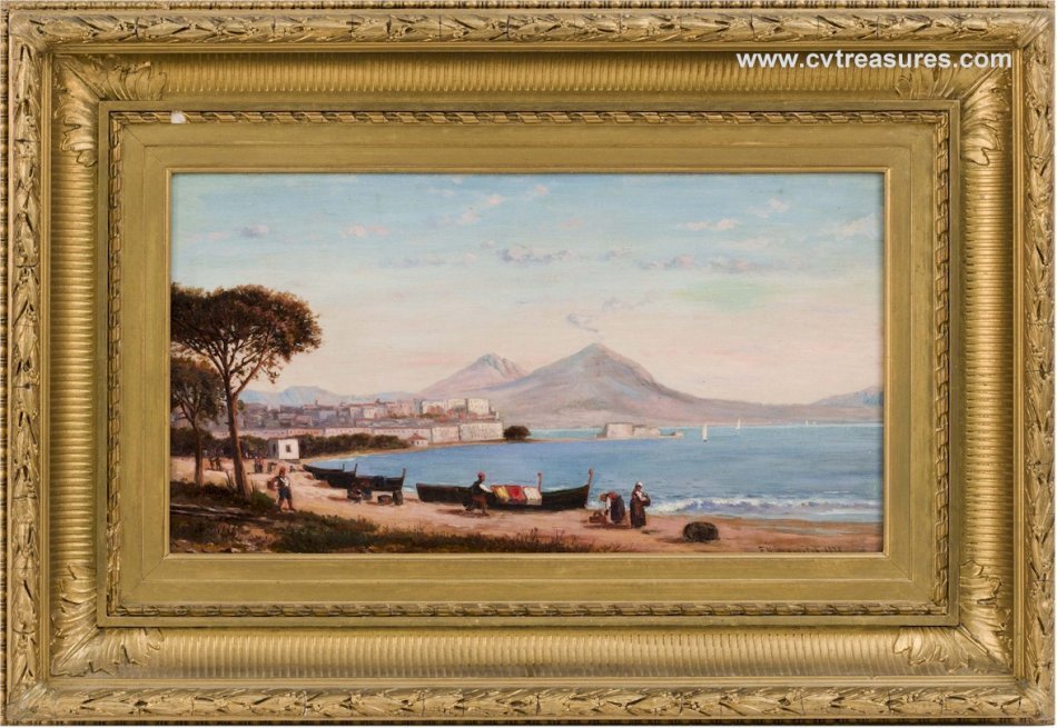 FRANK HENRY SHAPLEIGH Antique Vintage Seascape Art Oil Painting on Canvas The Bay of Naples Authentic