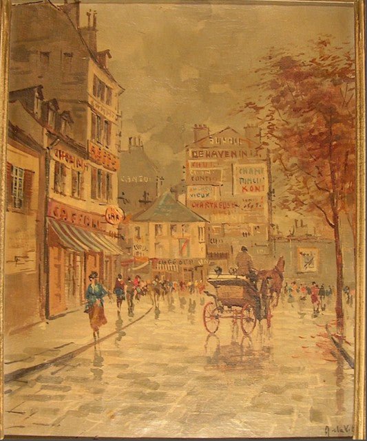 French Street Scene Vintage Oil Painting Canvas 1910-20