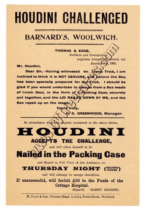 Harry Houdini Rare Vintage HOUDINI CHALLENGE Poster Handbill '05