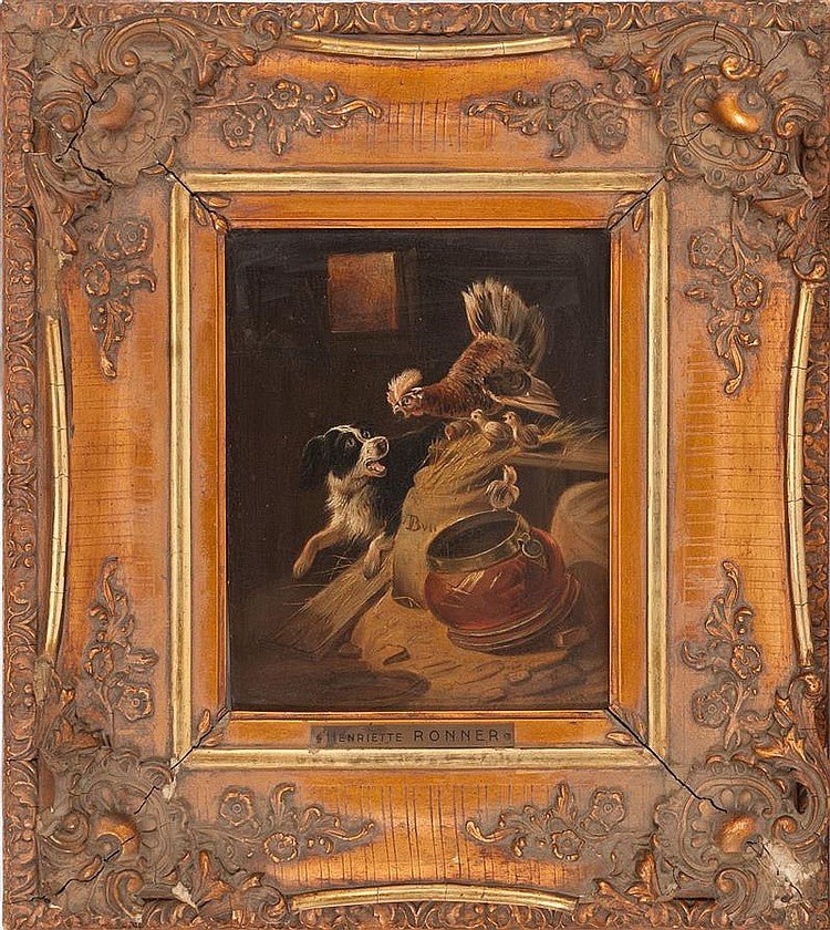 HENRIETTE RONNER Painitng oil panel hen protecting her chicks