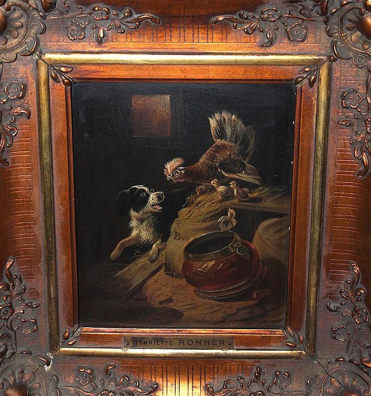 HENRIETTE RONNER Painitng oil panel hen protecting her chicks