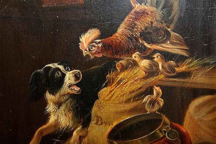 HENRIETTE RONNER Painitng oil panel hen protecting her chicks