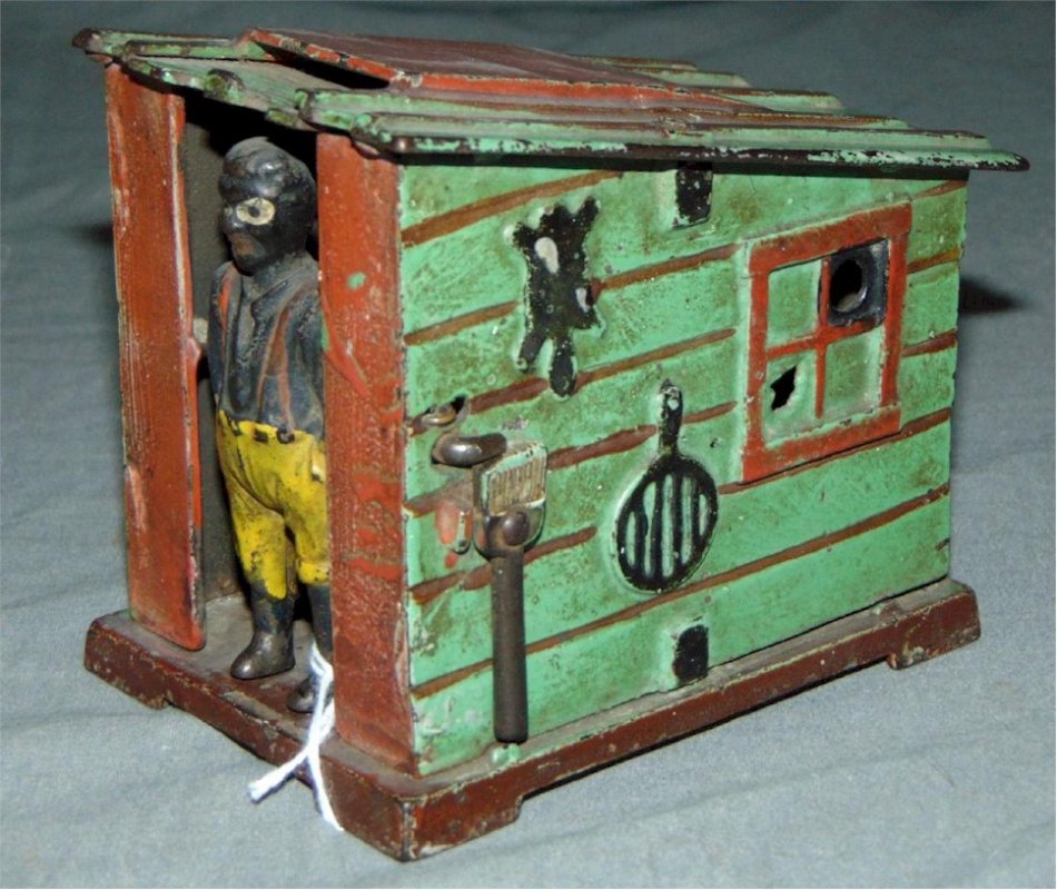 J & E Stevens, Cast Iron Mechanical Cabin Toy Bank 1885 Guaranteed Authentic