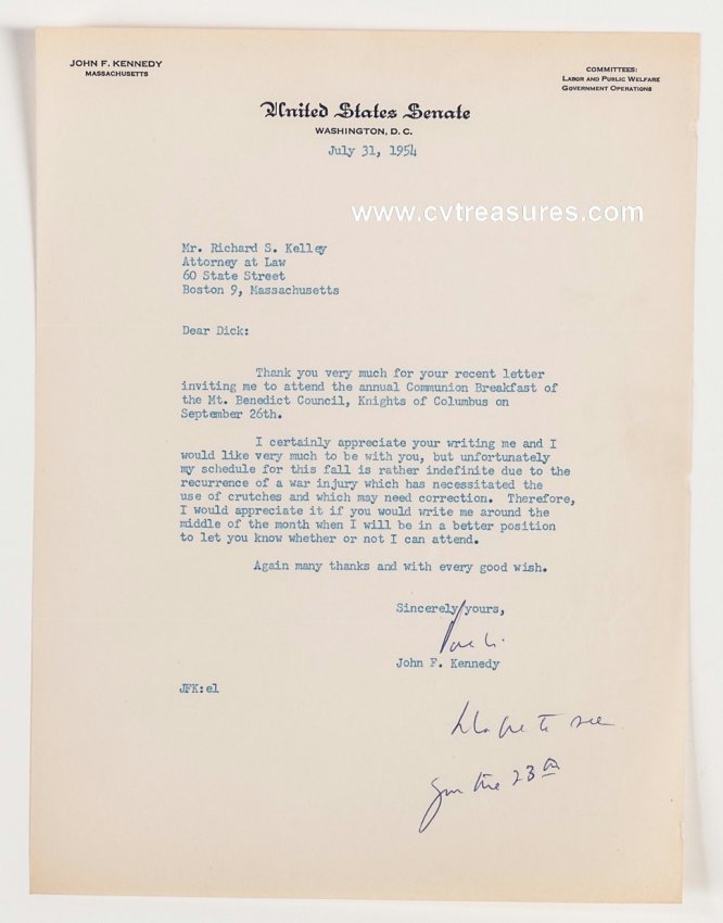 John F Kennedy JFK Autograph Signed Letter Amazing Content!  JSA Certified Guaranteed Authentic