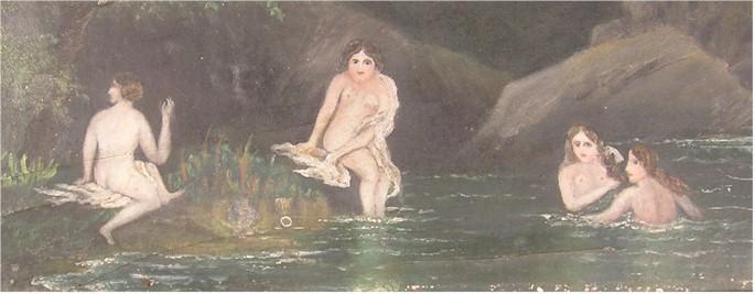 Maiden Nudes Bathing 19th Century Oil Painting on panel