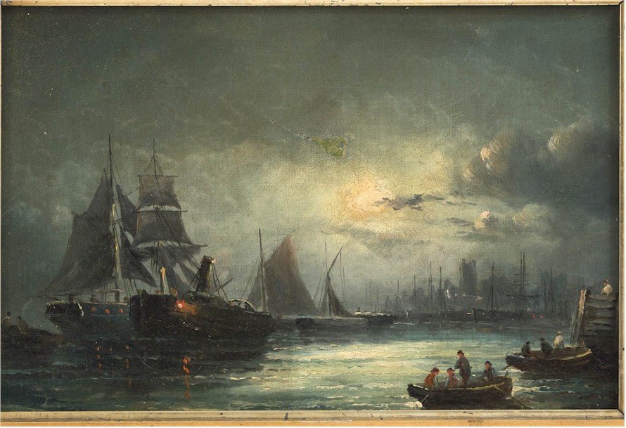 Marine Moonlit Harbor Scene Antique Oil Painting CONTINENTAL sch