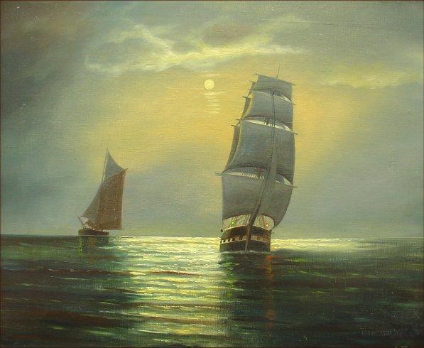 P. Toft "Ships on Sunset Ocean" Seascape Marine Art Painting Early-20th Century