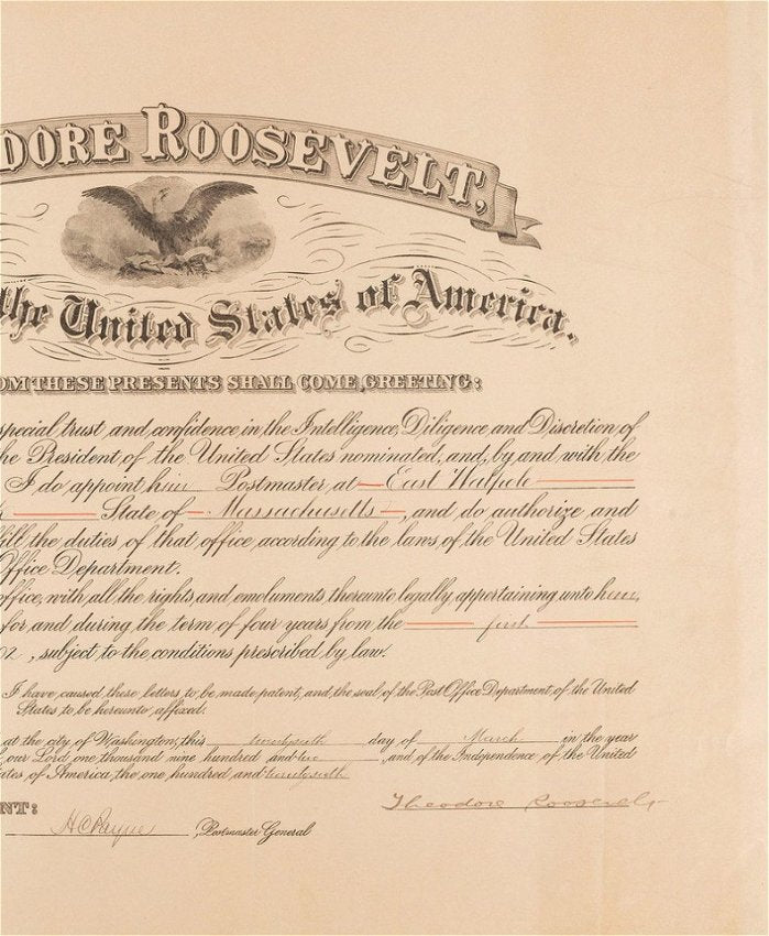 Theodore Roosevelt Signed Autographed Presidential Appointment